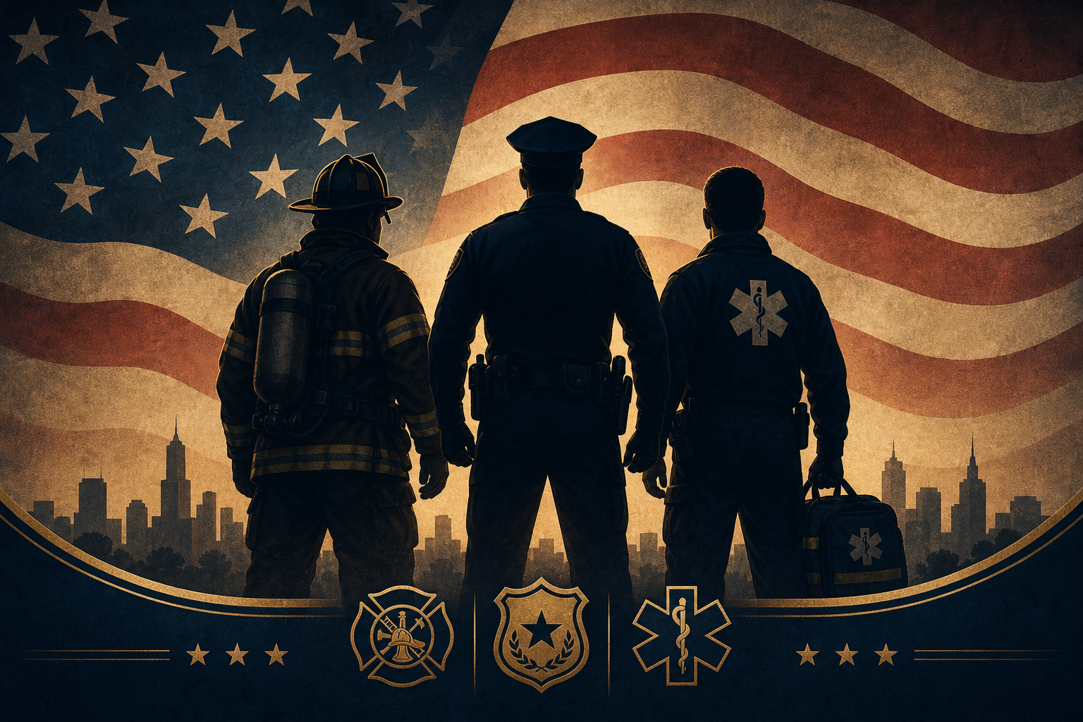 America's First Responders Patriotic Poster showing silhouettes of firefighter, police officer, and EMS paramedic in front of an American flag